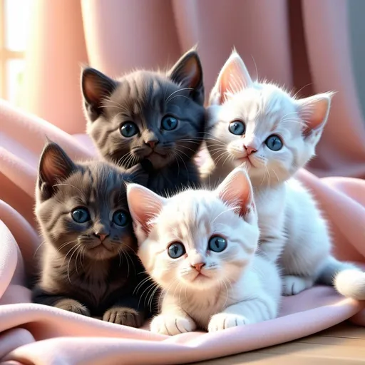 Prompt: A realistic photo 3 to 4 smiling, very beautiful, charismatic tiny little kittens, all different colours, snuggling in a pale pastel blanket. Most cute, gorgeous kittens ever! volumetric lighting, midday, high fantasy, cgsociety, bright pastel colours, full length, exquisite detail, post - processing, masterpiece, realistic photo., ultra hd, realistic, vivid colors, highly detailed, UHD drawing, pen and ink, perfect composition, beautiful detailed intricate insanely detailed octane render trending on artstation, 8k artistic photography, photorealistic concept art, soft natural volumetric cinematic perfect light