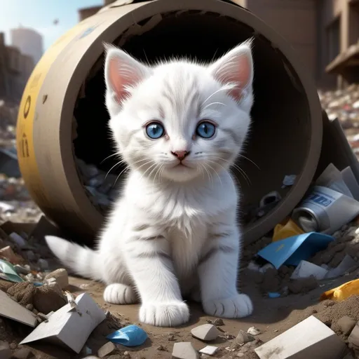 Prompt: A wide angle 3/4 view realistic photo very beautiful, charismatic tiny little white kitten with grey stripes, sitting inside a hole of garbage, only his head upper chest and front paws visible out of the hole, surrounded by garbage and dirt. Most cute, gorgeous kitten ever! volumetric lighting, midday, high fantasy, cgsociety, bright colours, full length, exquisite detail, post - processing, masterpiece, realistic photo.