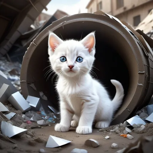 Prompt: A wide angle 3/4 view realistic photo very beautiful, charismatic tiny little white kitten with grey stripes, sitting inside a hole of garbage, only his head upper chest and front paws visible out of the hole, surrounded by garbage and dirt. Most cute, gorgeous kitten ever! volumetric lighting, midday, high fantasy, cgsociety, bright colours, full length, exquisite detail, post - processing, masterpiece, realistic photo.