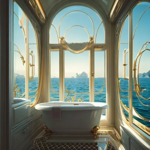 Prompt: a bath tub sitting inside of a bathroom next to a window, relaxing on a yacht at sea, ffffound, tumblr aesthetic, cartier, stunning grand architecture, disney fantasy style, unique design, juxtapoz aesthetic, circular windows, high in the sky, by Nathaniel Hone, realistic », fantasia photo, kinkade, serene