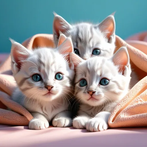 Prompt: A realistic photo 3 to 4 smiling, very beautiful, charismatic tiny little kittens, all different colours, snuggling in a pale pastel blanket. Most cute, gorgeous kittens ever! volumetric lighting, midday, high fantasy, cgsociety, bright pastel colours, full length, exquisite detail, post - processing, masterpiece, realistic photo., ultra hd, realistic, vivid colors, highly detailed, UHD drawing, pen and ink, perfect composition, beautiful detailed intricate insanely detailed octane render trending on artstation, 8k artistic photography, photorealistic concept art, soft natural volumetric cinematic perfect light