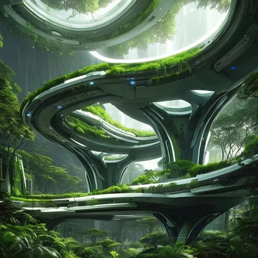 Prompt: a futuristic building in the middle of a forest, beautiful!!! digital art, archways made of lush greenery, merging into nature, eden at dawn, inspired by Raymond Teague Cowern, overpass, interconnected human lifeforms, lush mossy canyon, monochromatic green, retrofuturist