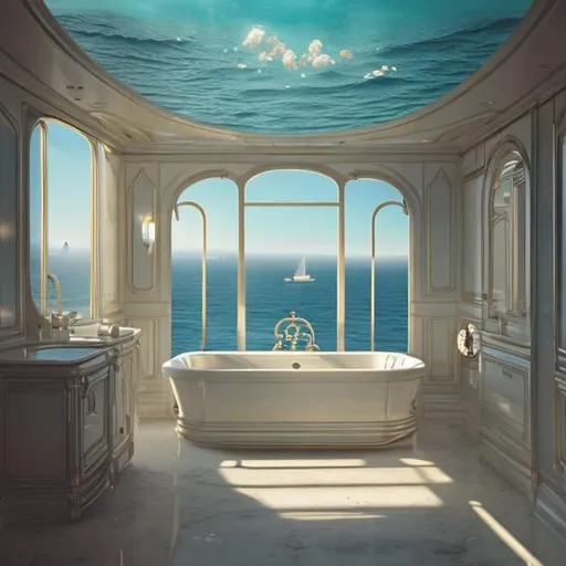 Prompt: a sunken bath tub sitting inside of a bathroom next to a large wide open window, relaxing on a yacht at sea, ffffound, tumblr aesthetic, cartier, stunning grand architecture, disney fantasy style, unique design, juxtapoz aesthetic, circular windows, high in the sky, by Nathaniel Hone, realistic », fantasia photo, kinkade, serene