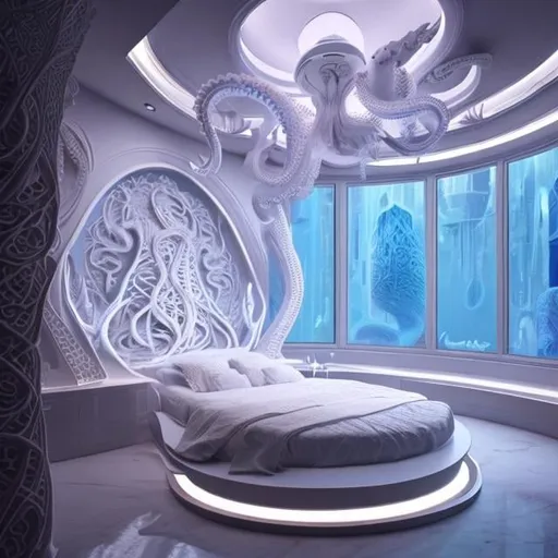 Prompt: a bed sitting inside of a bedroom next to a window, intricate futuristic led jewelry, autodesk, islamic interior design, white carved abstract sculpture, evokes delight, sleek flowing shapes, futuristic buildings, white octopus, dramatic blue lighting!
