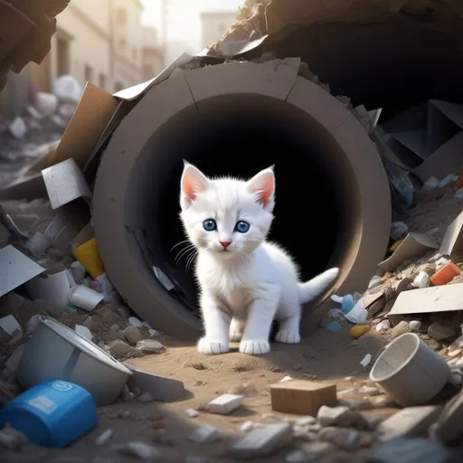 Prompt: A wide angle 3/4 view realistic photo very beautiful, charismatic tiny little white kitten with light grey stripes, sitting inside a hole of garbage, only his head upper chest and front paws visible out of the hole, surrounded by garbage and dirt. Most cute, gorgeous kitten ever! volumetric lighting, midday, high fantasy, cgsociety, bright colours, full length, exquisite detail, post - processing, masterpiece, realistic photo.