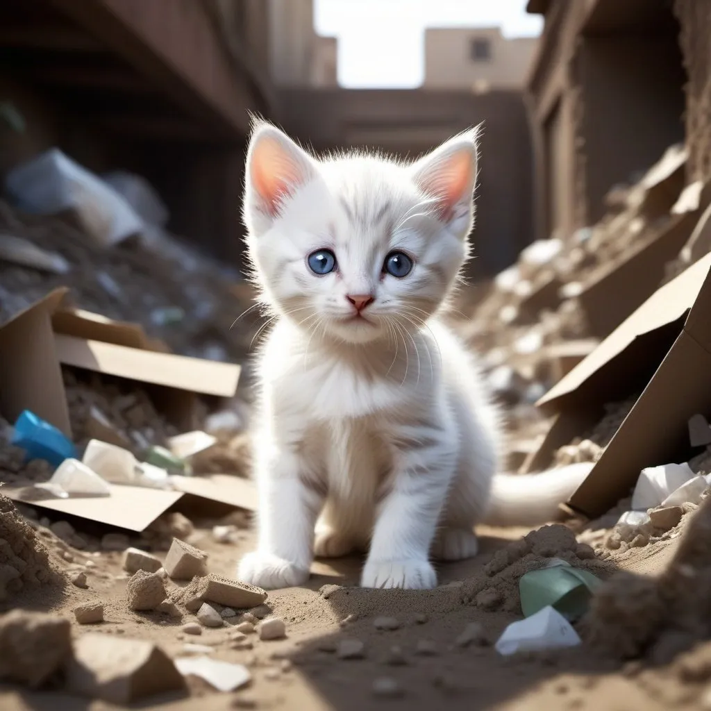 Prompt: A wide angle 3/4 view realistic photo very beautiful, charismatic tiny little white kitten with light grey stripes, sitting inside a hole of garbage, only his head upper chest and front paws visible out of the hole, surrounded by garbage and dirt. Most cute, gorgeous kitten ever! volumetric lighting, midday, high fantasy, cgsociety, bright colours, full length, exquisite detail, post - processing, masterpiece, realistic photo.