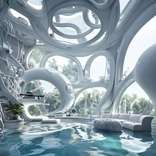 Prompt: a living room filled with lots of white furniture, under water deep sea laboratory, multiple bright lights, reflections, many bizarre fish and sharks, stunning render, curved perspective, floor to ceiling window, ceiling of glass with portals and small submarine, scuba mask, 3d printed building, trending on pinterest，maximalist, inspired by Enguerrand Quarton, cephalopod, dubai, unreal engine 5 - w 1024