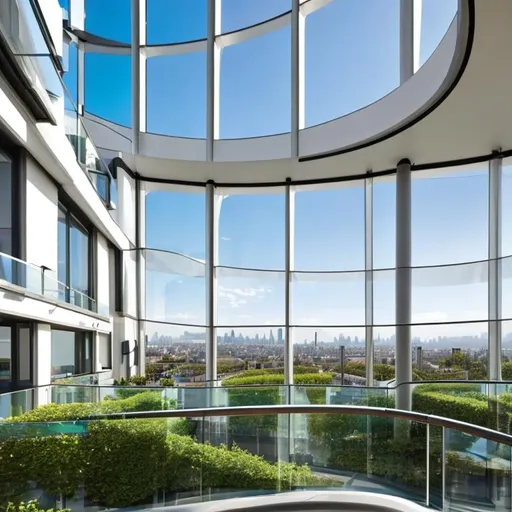 Prompt: a room that has a table and chairs in it, photo of a beautiful window, green terrace, round window, future architecture, elegant walkways between towers, penthouse, connected to nature via vines, inspired by Exekias, keyhole, paris, volumetric lighting - h 7 6 8, sky - high view, courtyard
