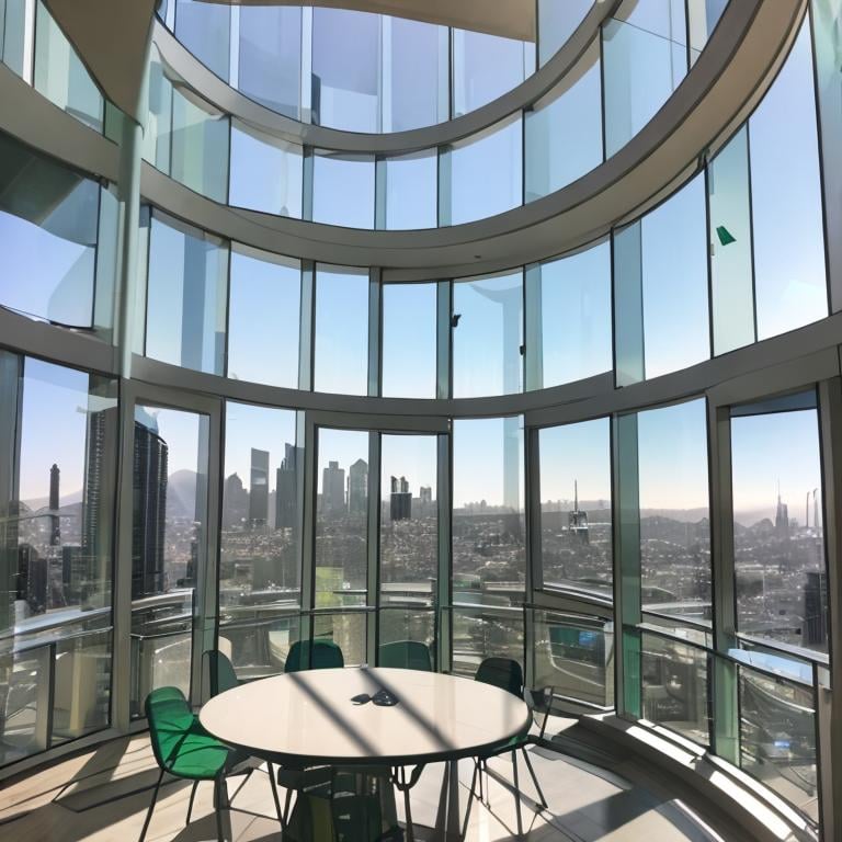 Prompt: a room that has a table and chairs in it, photo of a beautiful window, green terrace, round window, future architecture, elegant walkways between towers, penthouse, connected to nature via vines, inspired by Exekias, keyhole, paris, volumetric lighting - h 7 6 8, sky - high view, courtyard