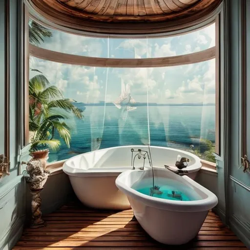 Prompt: a sunken bath tub sitting inside of a bathroom next to a large wide open window, relaxing on wooden decking overlooking the sea, ffffound, tumblr aesthetic, cartier, stunning grand architecture, disney fantasy style, unique design, juxtapoz aesthetic, circular windows, high in the sky, by Nathaniel Hone, realistic », fantasia photo, kinkade, serene