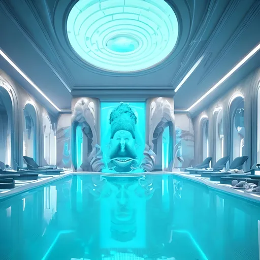 Prompt: an indoor swimming pool with a statue in the middle of it, hyperwave vibes, trending on pintrest, elegant asymmetrical, artemis, cascading highrise, afro - futurist style, female lawyer, rounded ceiling, winged victory, home interior, luxurious neckless, white cyan