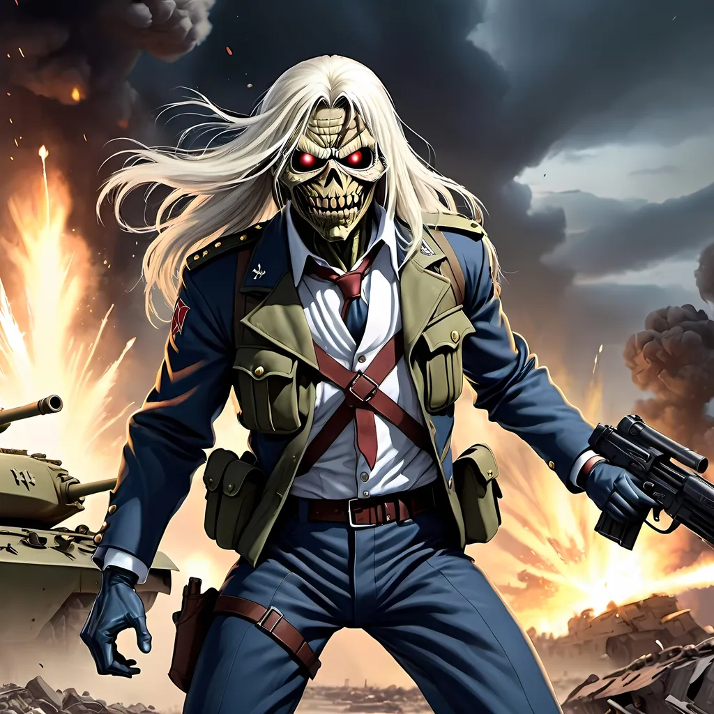 Prompt: iron maiden eddie handsome anime version with British millitary suit and guns in battlefield，white long hair，world war 2，tank，exploding in back，night day