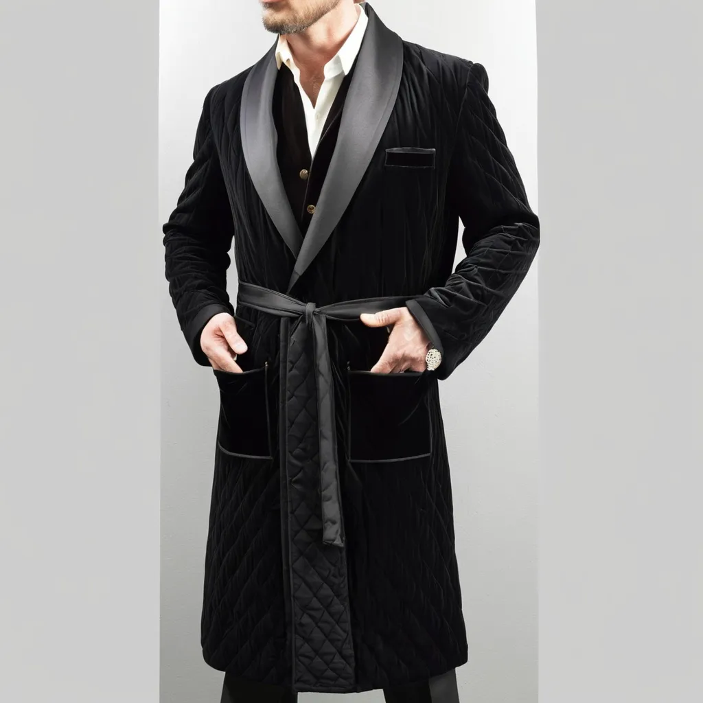 Prompt: Men Luxury Long Smoking Jacket Black Velvet Quilted