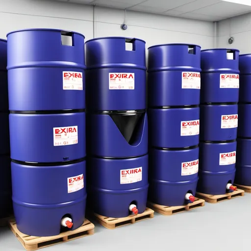 Prompt: Plastic barrels of chemicals with the EXIRA brand