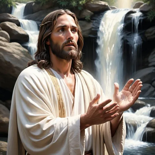 Prompt: Photorealistic depiction of Jesus, water flowing from hands, serene expression, detailed facial features, biblical scene, high quality, photorealism, detailed hands, background is waterfall.peaceful atmosphere, religious art, realistic lighting, subtle color tones, detailed robe, deep spiritual connection, lifelike interpretation, classic art style, authentic emotions, calming ambiance