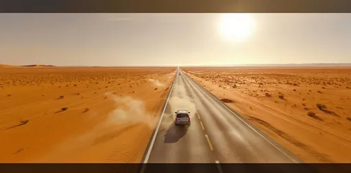 Prompt: A blazing Australian desert under the midday sun, heatwaves shimmering above the sand, vast barren land with no trees or birds, an endless empty highway cutting through the desert, cinematic lighting – lone SUV driving along the road – wide drone shot – ultra-realistic – 4K resolution – early 2000s atmosphere"

🎧 Sound Effects:

Hot desert wind blowing sound

Light car engine humming

Distant silence of an empty wasteland


🎥 Camera Angles Suggestion:

Drone Shot: Top-down view of the SUV driving along a deserted road

Wide Angle Shot: Long stretch of empty highway with the car in the distance

POV from Window: View of the harsh sun and sand through the car window
 