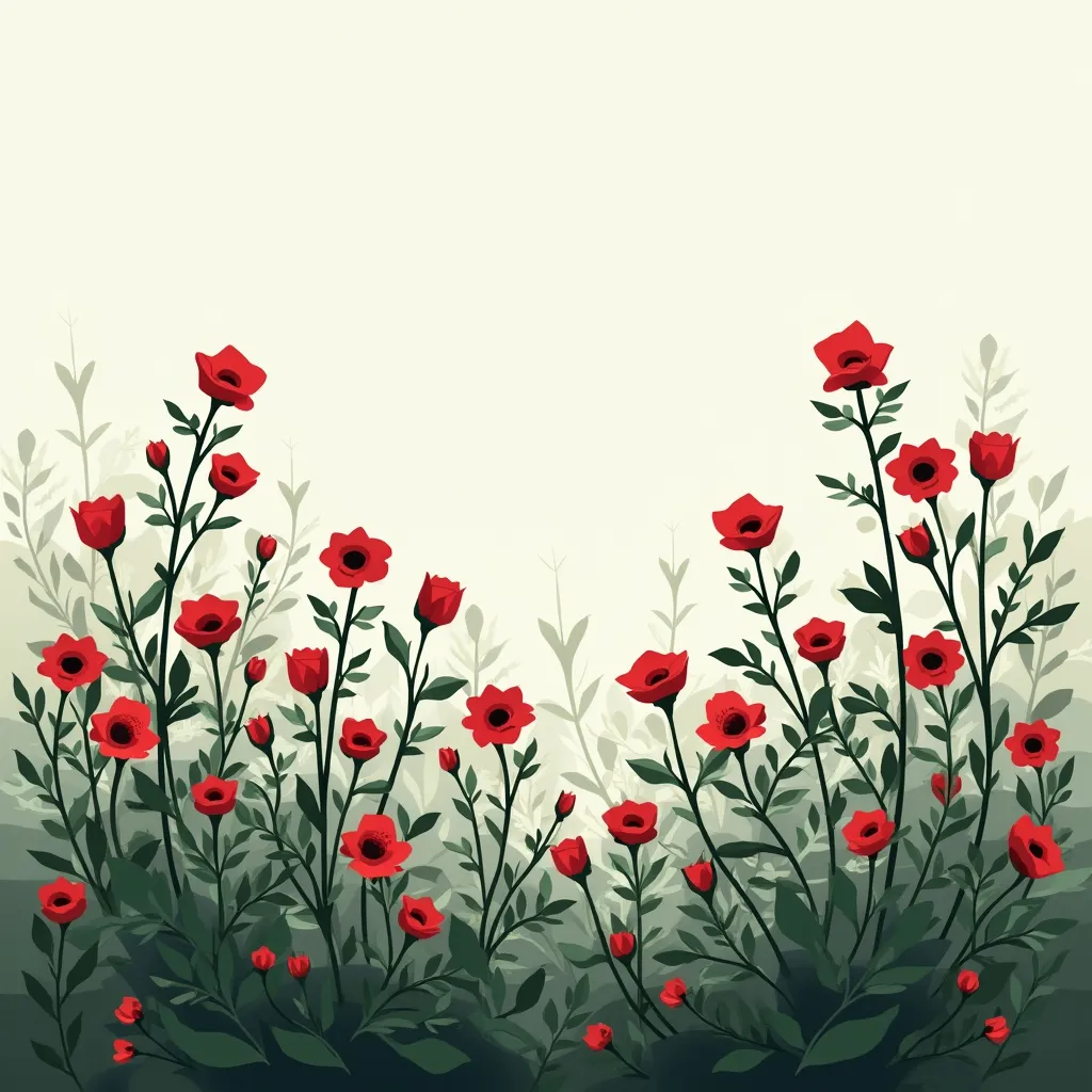 Prompt: Simple background of roselle flower bushes with a simple color palette with white,red,green and black only.