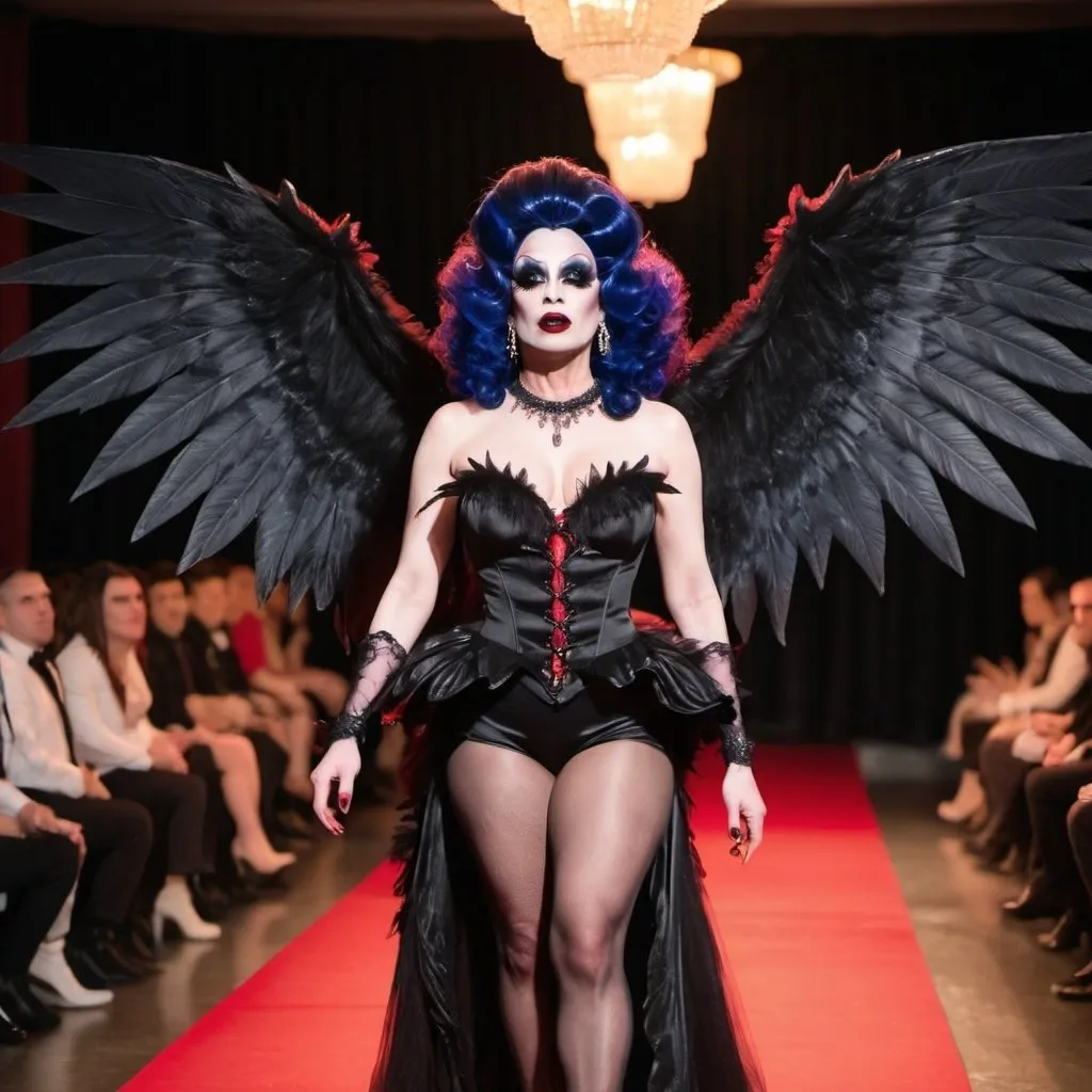 Prompt: Vampire drag queen with wings walking down the runway


