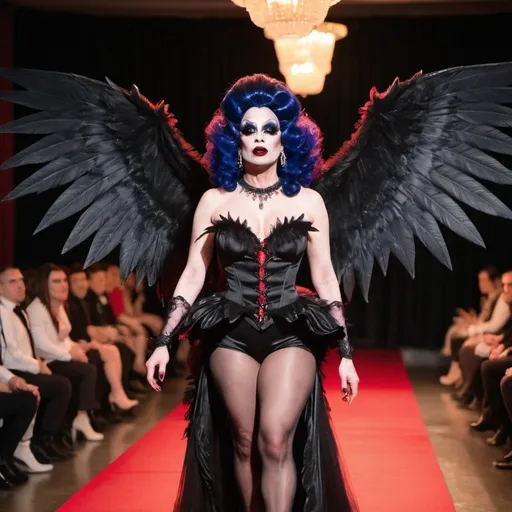 Prompt: Vampire drag queen with wings walking down the runway


