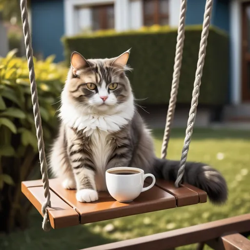 Prompt: a cat sitting on a swing with a cup of coffee on it's side and a house in the background, Carlos Catasse, art photography, morning, a stock photo