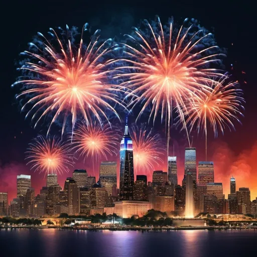 Prompt: Generate a vibrant PNG image depicting a spectacular fireworks show over a city skyline, celebrating Independence Day in the United States