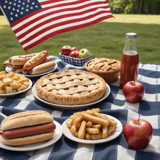 Prompt: Create an image of a picnic scene with a classic checkered blanket, traditional American foods like hot dogs and apple pie, all set against a backdrop where the American flag is gently waving