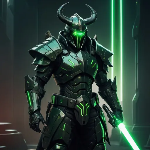 Prompt: A futuristic warlord with black-green armor, black helm with horns and green laser sword, cyberpunk, dark