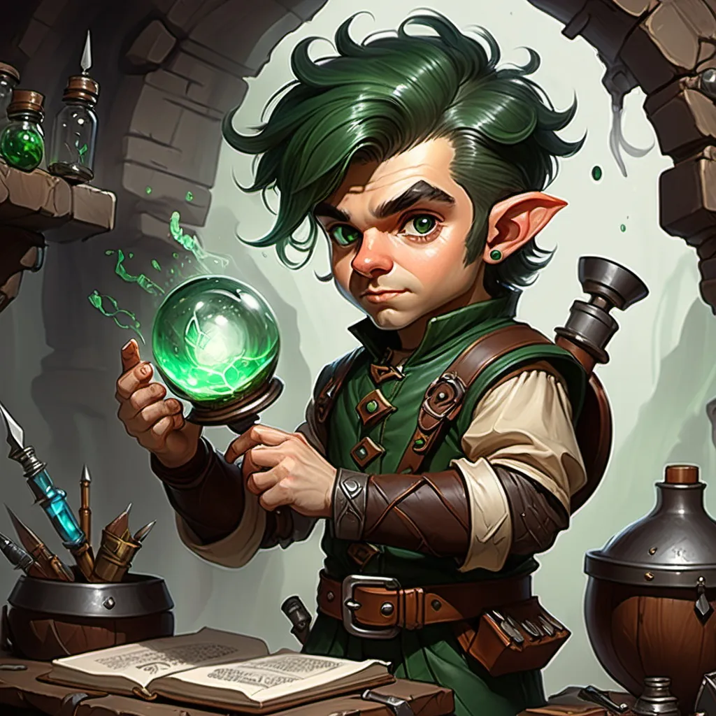 Prompt: dungeons and dragons fantasy art halfling male artificer with dark green hair workshop tinkerer