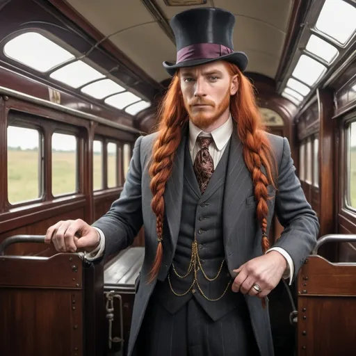 Prompt: A wizard with long red hair and long braided red hair, tugged in his waistline, wearing a 1920s suit, operating a train