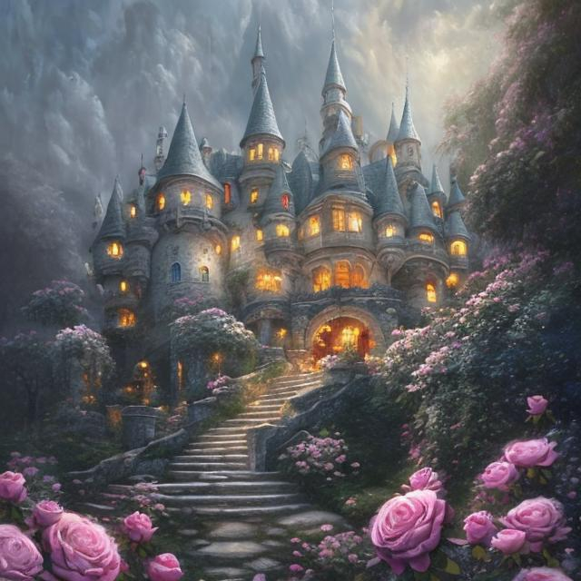 Prompt: Fantasy white castle surrounded by white rose bushes on a hill, oil painting, dreamy atmosphere, high quality, detailed brushwork, fairy tale, romantic, soft lighting, pastel tones, enchanting, majestic, magical, ethereal, castle details, lush environment, whimsical, mystical