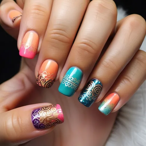 Prompt: Show me how this nail design would look
Gradient Base: Start by painting your nails in a bright summery colours with glitter
Thai Silk Patterns: Using a thin nail art brush carefully draw intricate designs with Thai Kranok, tradition Thai patterns 
Accent Nails: Choose your accent nails (like the ring or thumb) and apply more elaborate designs on them add Metallic Embellishments holographic polish. 
Top Coat: Finally, finish your manicure with a glossy top coat
Short length