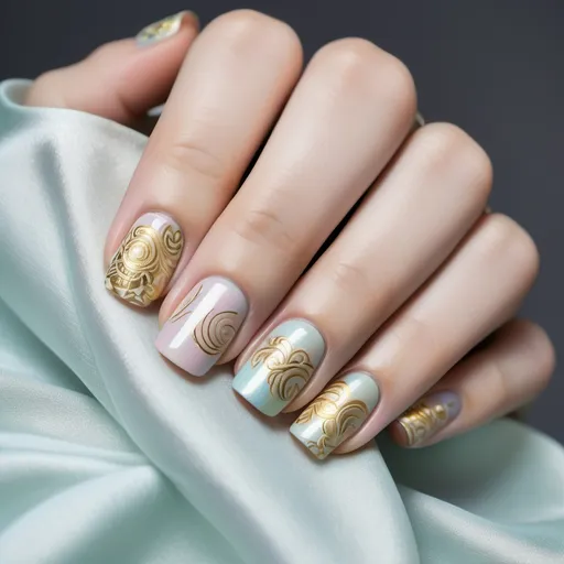 Prompt: “Design short-length nails with a soft pastel holographic base. On top of the base, feature traditional Thai silk-inspired patterns intricately painted in gold. The gold patterns should have a delicate, ornate feel, mimicking the luxurious textures of Thai silk, incorporating elements like flowing lines, floral motifs, and symmetrical geometric shapes. The holographic base should shift in pastel hues (light pink, lavender, and baby blue) under the light, while the gold embellishments remain the central focus. The overall aesthetic should be elegant and regal, blending traditional craftsmanship with modern, holographic elements.”