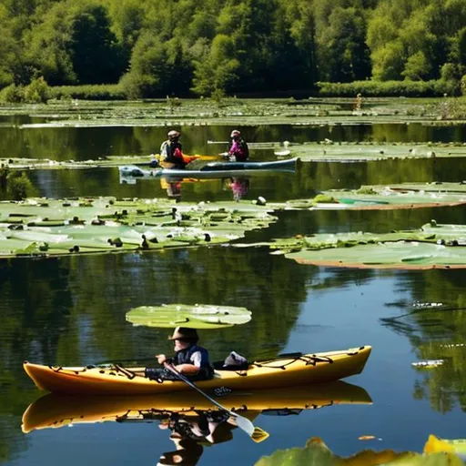 Prompt: a man and a woman  fishing from one kayak on a pond with lilypads
