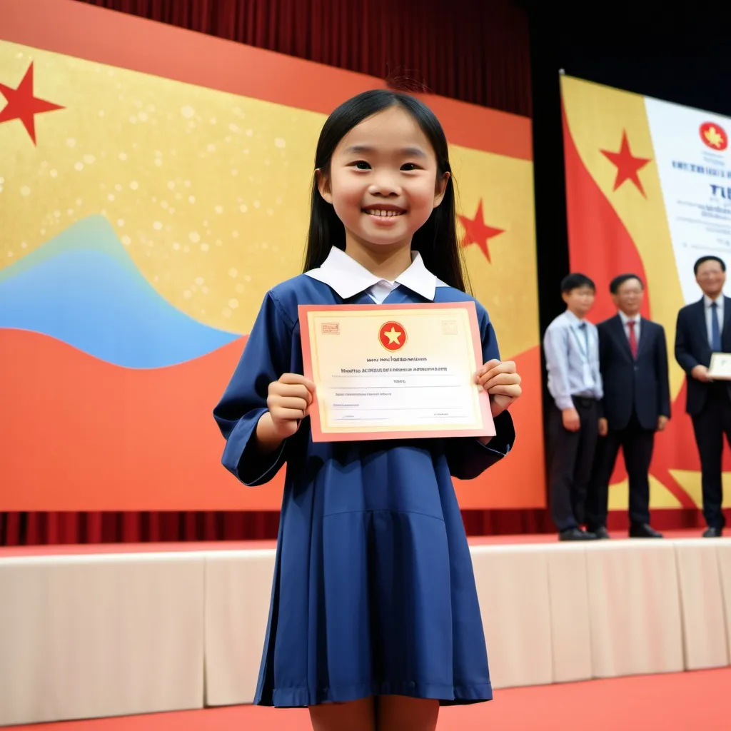 Prompt: a vietnamese daughter got an academic prize with the background is a stage with no letters. she is 10 years old and standing 5 metres far from the camera, smiling and holding a certificate.