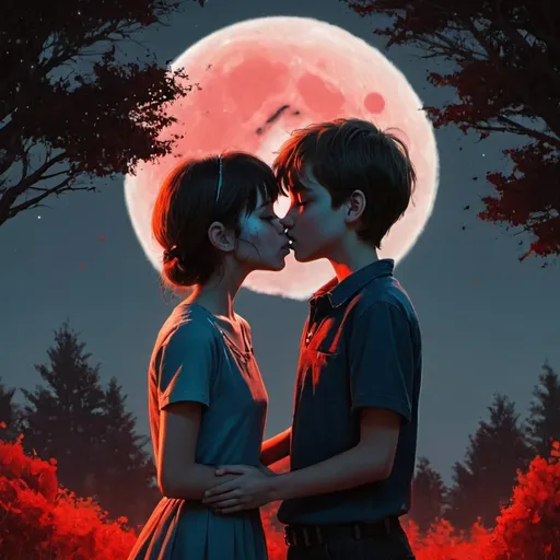 Prompt: A boy and a girl kissing each other in front of the bloody moon and trees surrounding them 