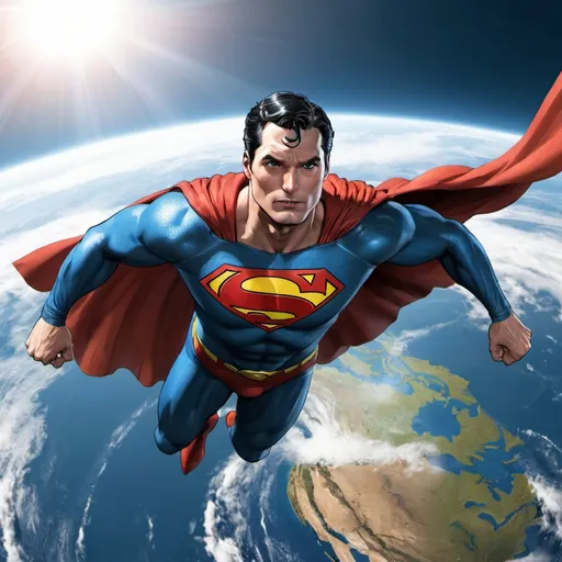 Prompt: superman flying around the earth. use new 52 comic suit. also i want him flying above earth. 