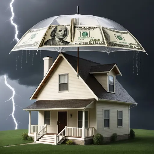 Prompt: a home that is shielded by a large umbrella - the umbrella is shielding it from rain, lightning and dollar bills
