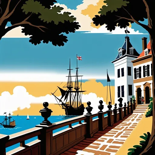 Prompt: Create an image in the style of a 17th-century oil painting, depicting a lively port scene during the Golden Age of Piracy. Include elegantly dressed aristocrats, bold pirates, uniformed colonial soldiers, and a majestic sailing ship. Add details such as a small dog, a richly decorated carpet, and a background with windmills and a stately manor house. Convey the atmosphere of bustling trade and diverse interactions typical of a colonial port city. Ensure the scene is vibrant and filled with movement and color --s 950 --v 6.0 --ar 4:3