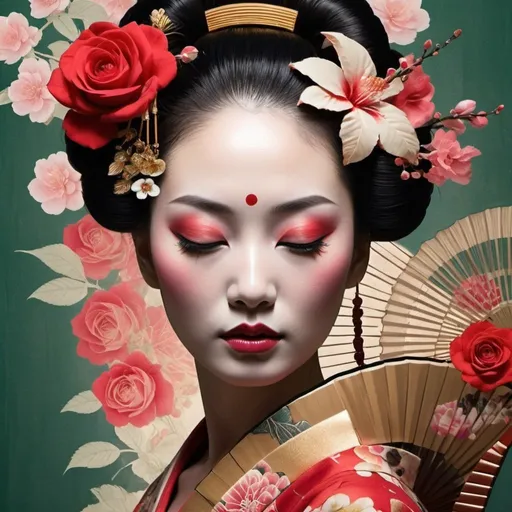 Prompt: A highly stylized and artistic representation combining elements of a geisha profile and floral imagery, with a close up front view of a person's face with fan expand covering part of the face with segmented layer collage effect and double exposure, closed eyes, prominent eyelashes, golden and smooth skin, overlayed with vibrant flowers in full bloom, roses in shades of red and pink, interspersed with dark green leaves and stems, creating a serene and ethereal mood.