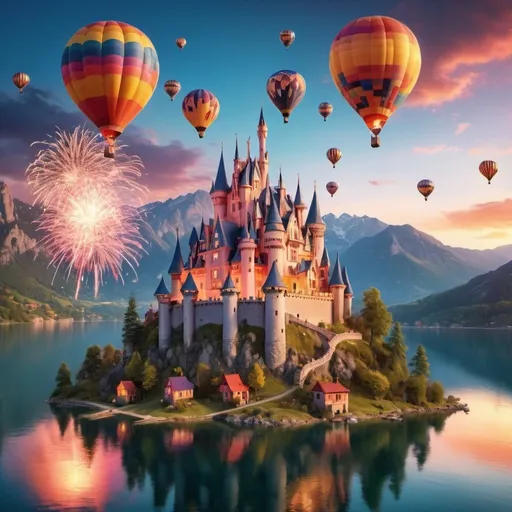 Prompt: a highly detailed photo of a whimsical fairytale castle with colorful spires and fantasy styling on a tiny island on a mountain lake with a village on the shore in the distance, a bright sunset illuminates the mountains, fireworks fill the sky, hot air balloons in the background, cinematic