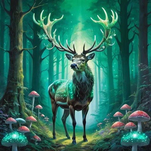 Prompt: In a mystical forest  a majestic stag with antlers that shimmer with an ethereal light grazes peacefully. Towering trees in shades of emerald and jade create a cathedral-like atmosphere, while vibrant blooms of bioluminescent mushrooms illuminate the forest floor.