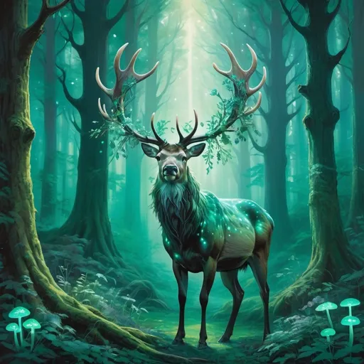 Prompt: In a mystical forest  a majestic stag with antlers that shimmer with an ethereal light grazes peacefully. Towering trees in shades of emerald and jade create a cathedral-like atmosphere, while vibrant blooms of bioluminescent mushrooms illuminate the forest floor.