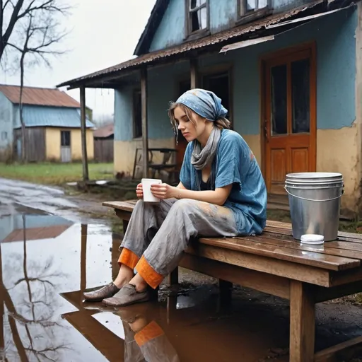 Prompt: rainy day Linear Perspective. old photo of an old dilapidated house. Young woman with bandana on hair, threadbare-bohemian-clothing, sitting on wooden table. drinking coffee.reflections in puddle. Laundry in faded colours Acrylic Paint blue, taupe, orange, dripping wet clothing on washline