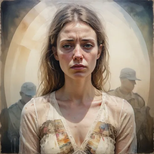 Prompt: Highly detailed oil painting of a sad woman, wearing a cream boho dress featuring double exposure troops, dehazed, sharp focus, HDR, faded and muted triadic colors, perfect curved line composition, divine proportions, cinematic, 32k, volumetric lighting, shadow and light, watercolor, tr