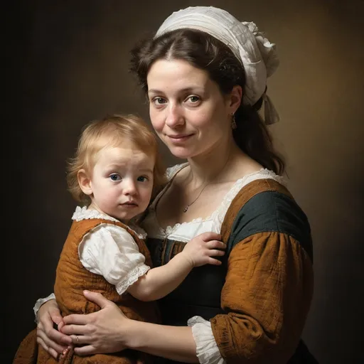 Prompt: Create an HD colour image of a mother and child, in the style of Rembrandt