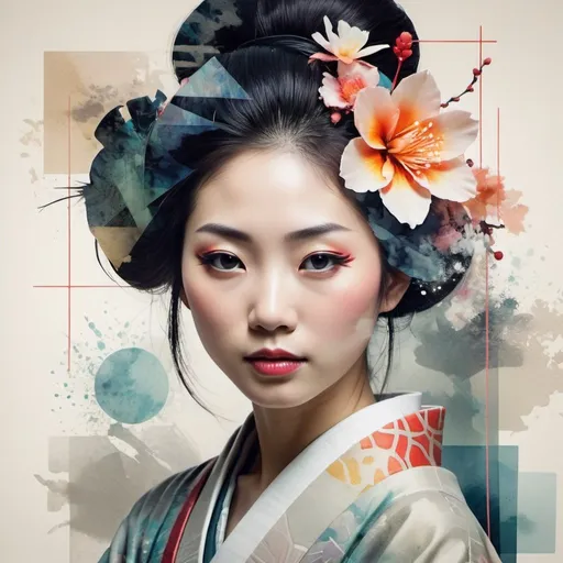 Prompt: Create a double-exposure portrait of a Japanese courtesan that blends abstract, artistic textures, such as splashes of watercolor and light effects, with sharp geometric shapes and lines. The portrait should capture the essence of the woman's personality, adding a dreamy or mysterious feel through the use of abstract patterns, and adding a modern, stylish look through the use of geometric shapes overlapping or merging with his form. There can be flowers on top of geometric lines. The combination of these elements should symbolize the multifaceted nature of the human spirit and the intersection of tradition and modernity, and should evoke a sense of complexity and depth.
