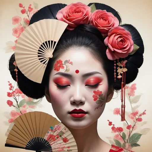 Prompt: A highly stylized and artistic representation combining elements of a geisha profile and floral imagery, with a close up front view of a person's face with fan expand covering part of the face with segmented layer collage effect and double exposure, closed eyes, prominent eyelashes, golden and smooth skin, overlayed with vibrant flowers in full bloom, roses in shades of red and pink, interspersed with dark green leaves and stems, creating a serene and ethereal mood.