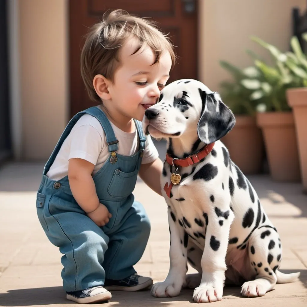 Prompt: exaggerated caricature photo of a littel boy toddler kissing a dalmatian puppy in the style of Lilia Alvarado and Sarah Andersen, trendy illustration on artstation of a toddler wearing overalls, smiling, in style happycore, character design like those from Disney Pixar cartoons, soft and light pastel colors, high contrast 