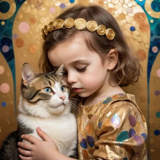 Prompt: A toddler kissing a cat's forehead, styled like Klimt's The Kiss, with whimsical elements and iridescent gold accents