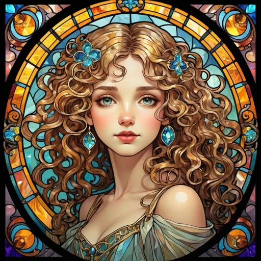 Prompt: Brillant colorful doodle art of a Most Enchantress womaness Cuteness  curly goldly girly stained glass mosaic, Alphonse Mucha style